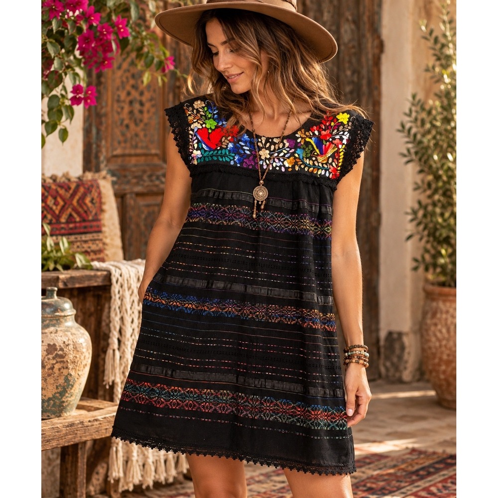 Mexican Floral Embroidered Dress Black Boho Artisan Bird Lace Trim Shift